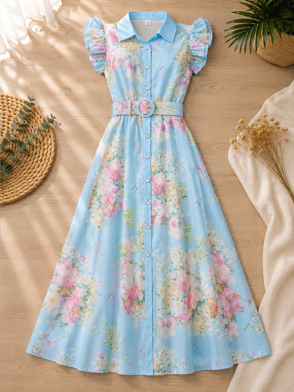 Floral Belted Midi Dress in Light Blue